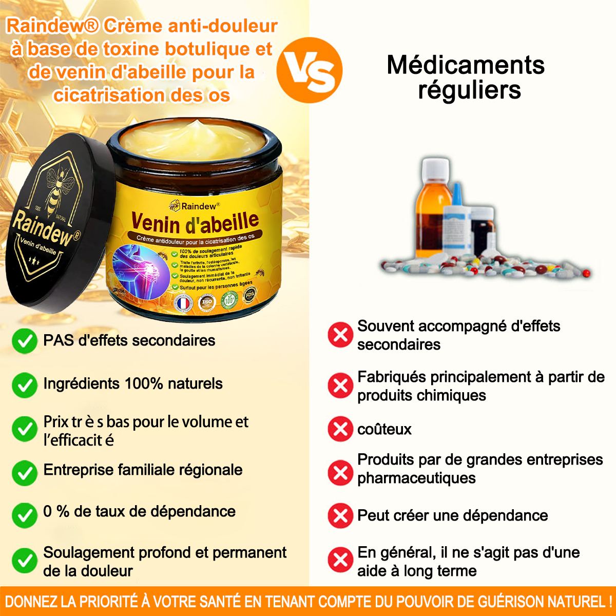 Raindew® Bee Venom Pain-Relief Bone Healing Cream 🐝🐝(Spécialement pour les personnes âgées & SOFCOT recommande)