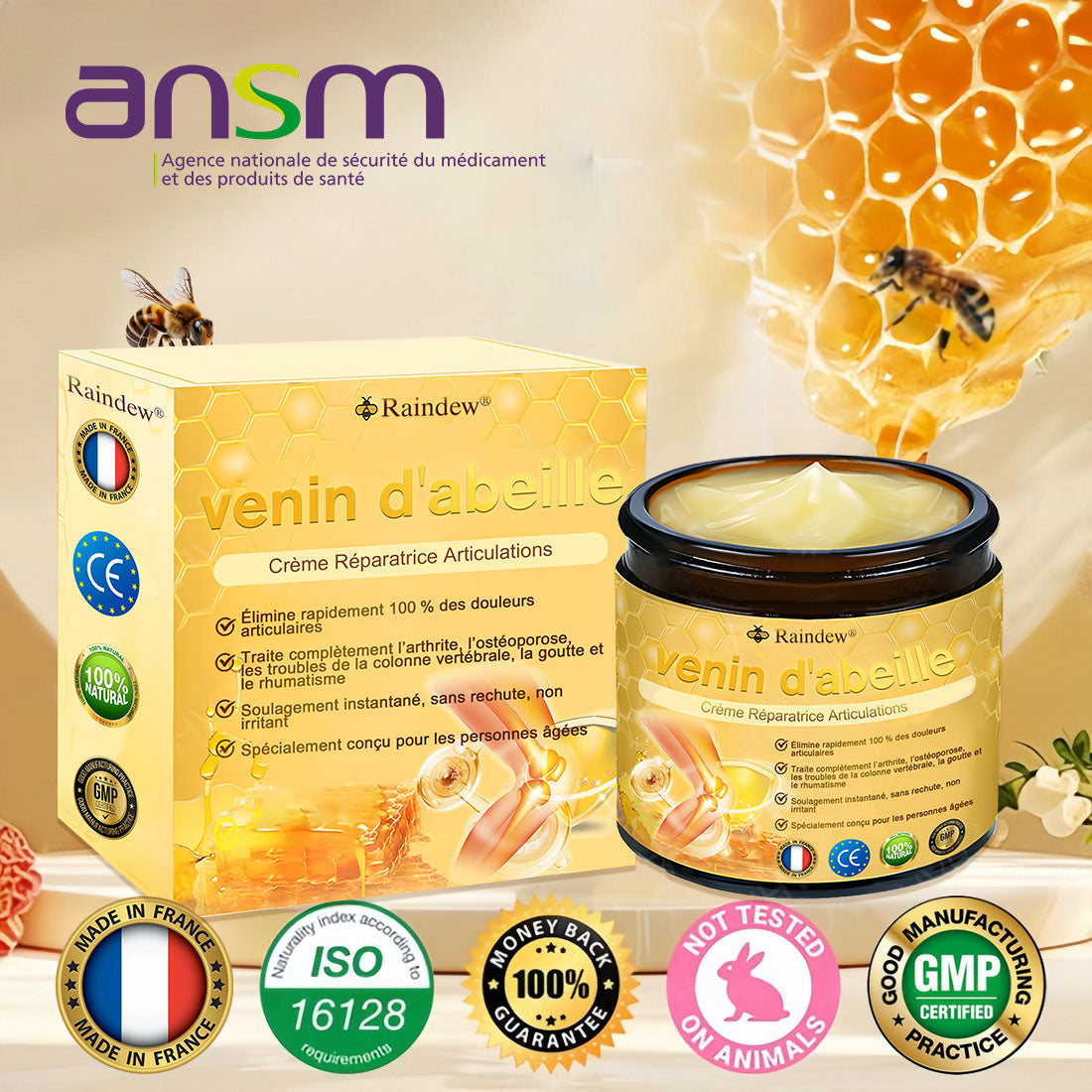 Raindew®venin d'abeille Crème Réparatrice Articulations(En particulier pour les personnes âgées & SOFCOT recommande)