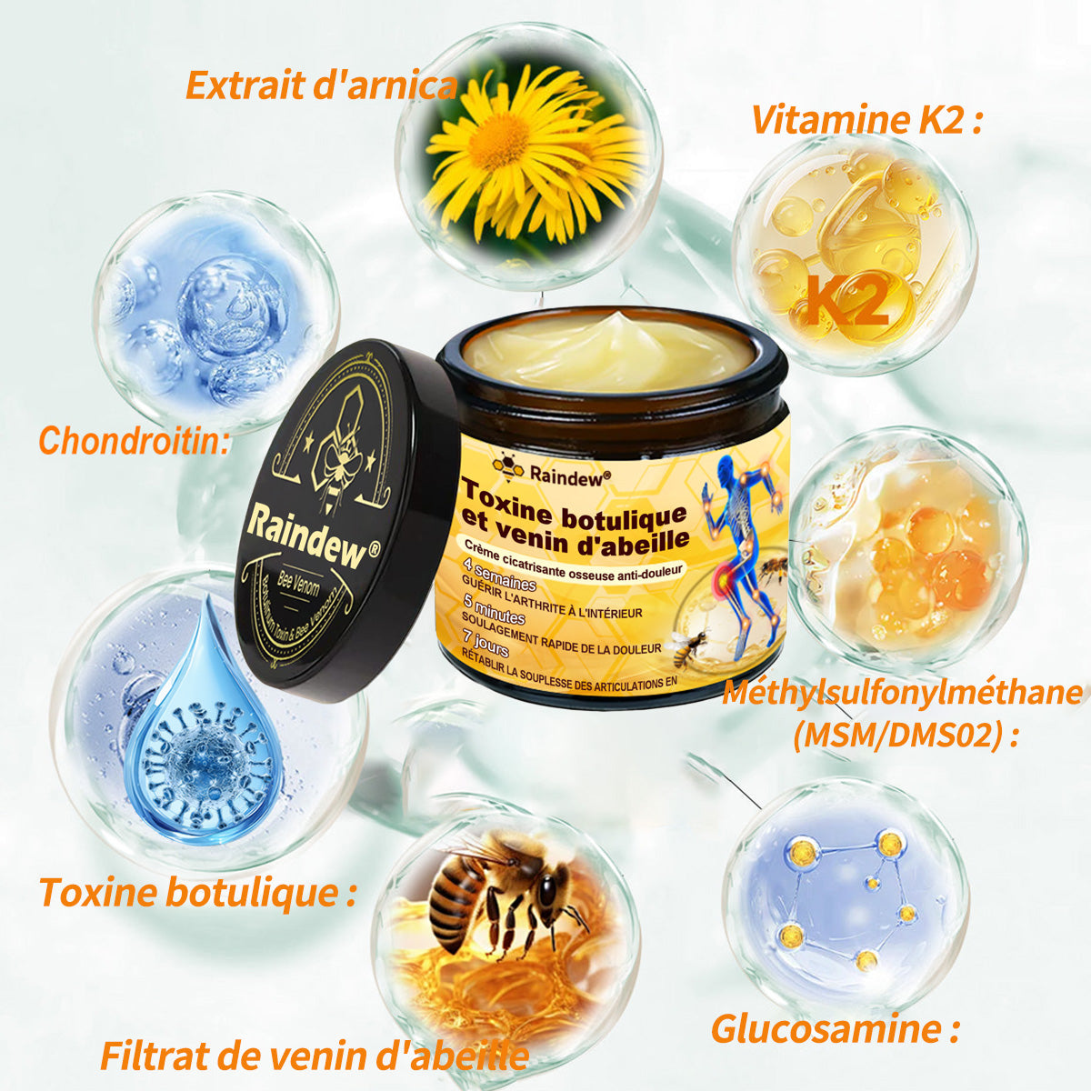 Raindew® 🐝  Botulinum Toxin & Bee Venom Pain-Relief Bone Healing Cream (crème cicatrisante osseuse à base de toxine botulique et de venin d'abeille)